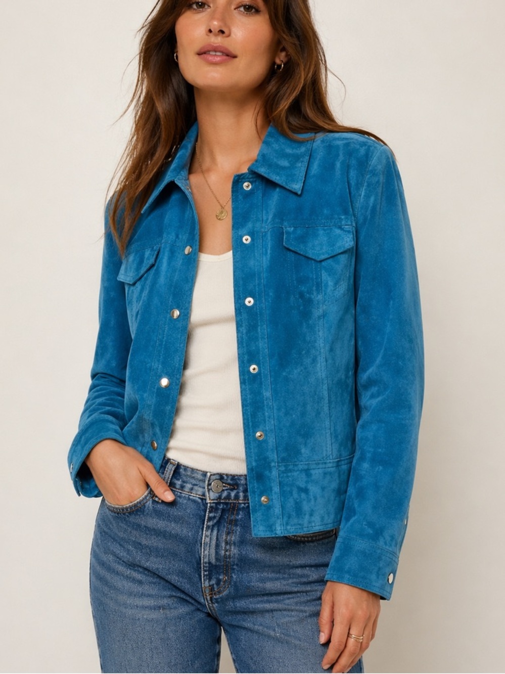 Valerie Stevens Teal Turquoise Blue Suede Leather Jacket Petite Medium